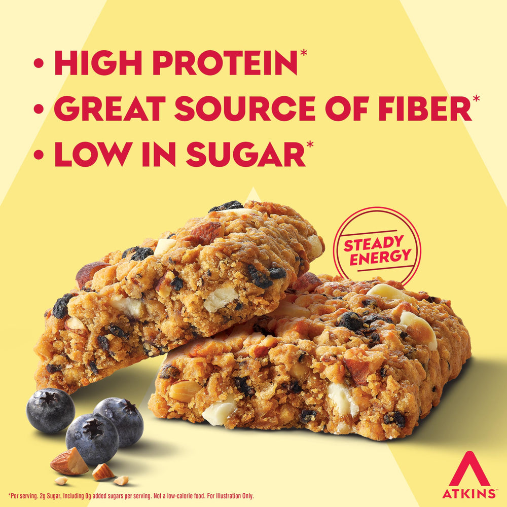 Atkins Soft Baked Blueberry Bar serving on plate for quick energy.