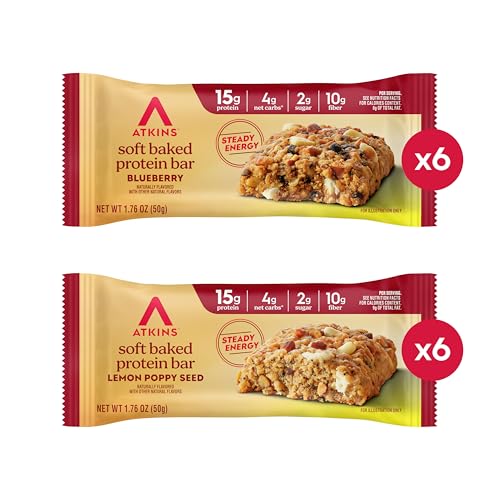 Atkins Soft Baked Blueberry bar close-up, fiber-rich snack to support busy days.