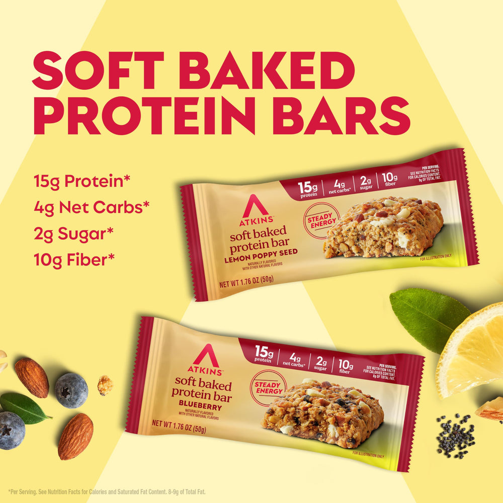 Atkins Blueberry bar in packaging, low sugar keto snack option.