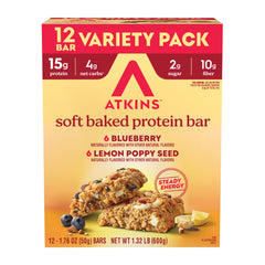 Atkins Soft Baked Lemon Poppyseed bar close-up, high protein snack for on-the-go energy.