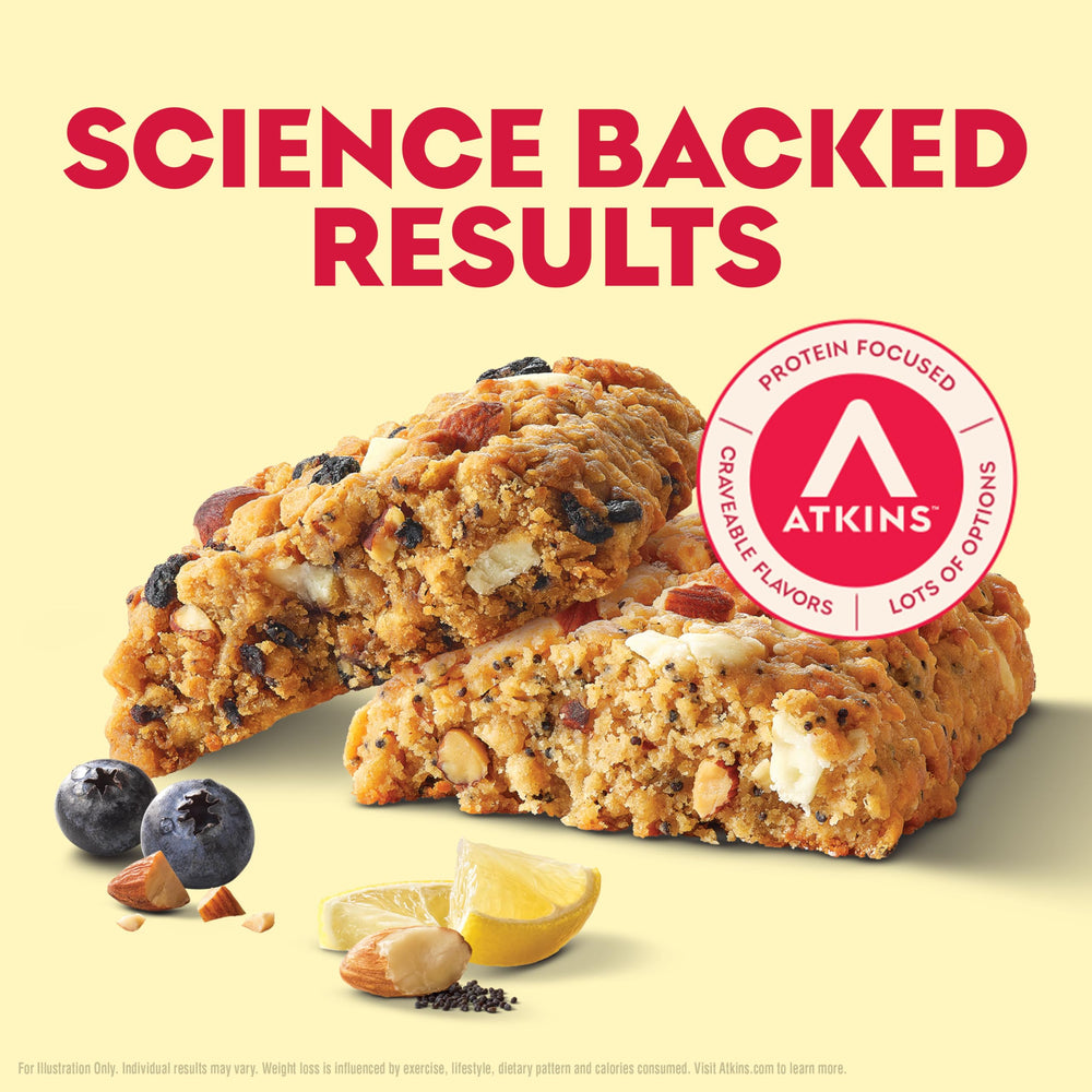 Atkins Lemon Poppyseed bar on-pack, grab-and-go keto-friendly protein.