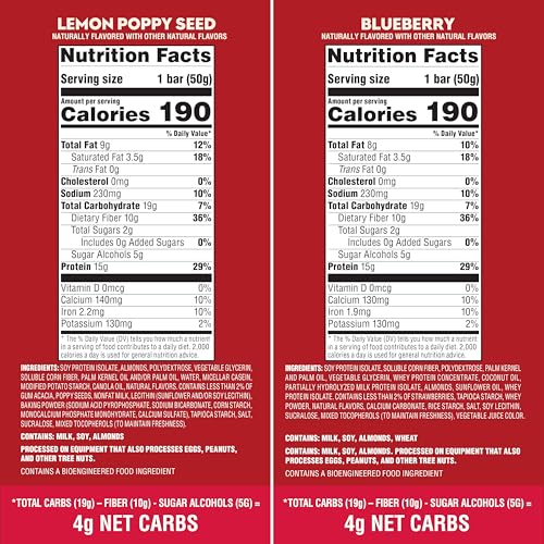 Atkins nutrition panel view, details like 15g protein per bar.
