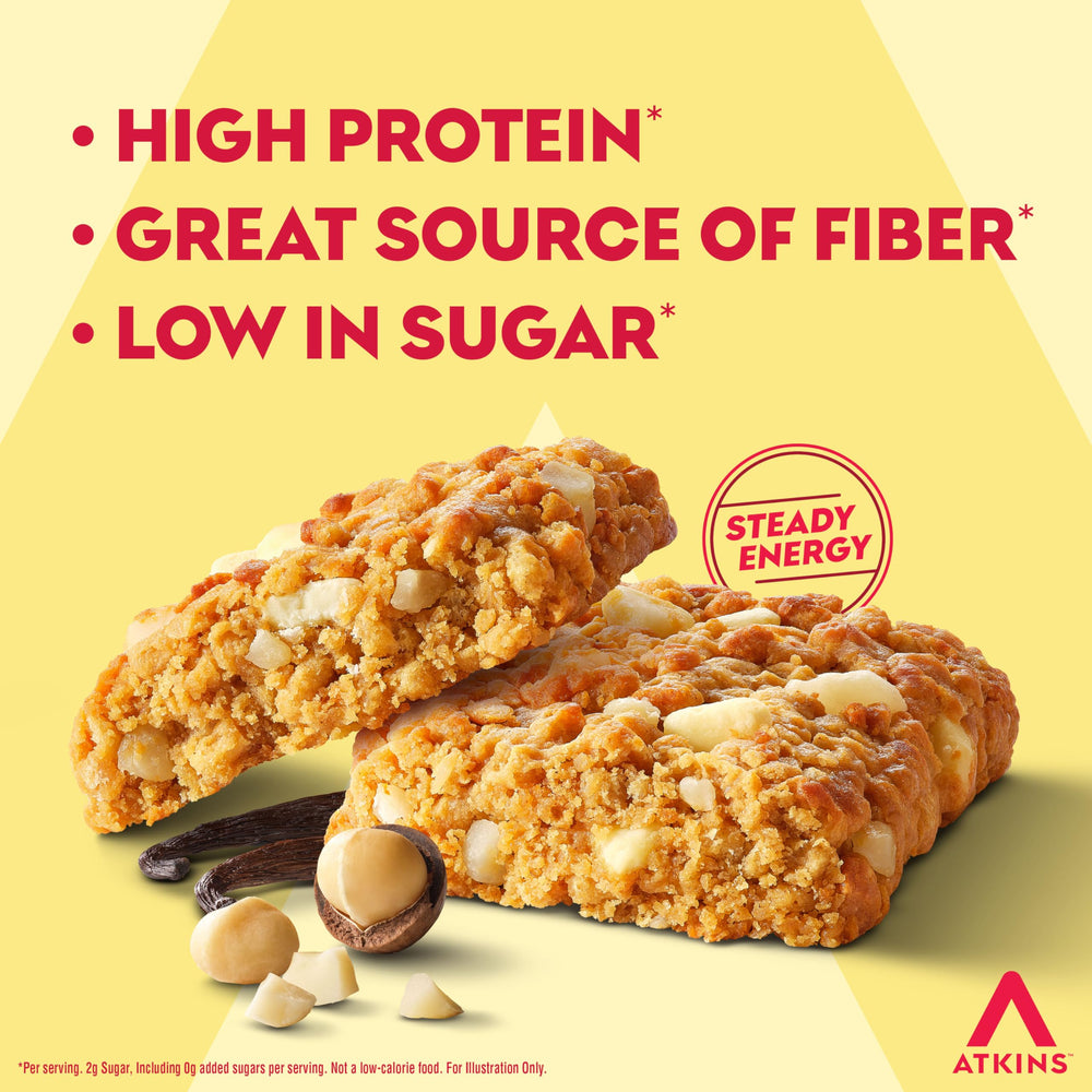 Atkins Vanilla Macadamia Nut bar close-up texture highlighting soft bake and crunch