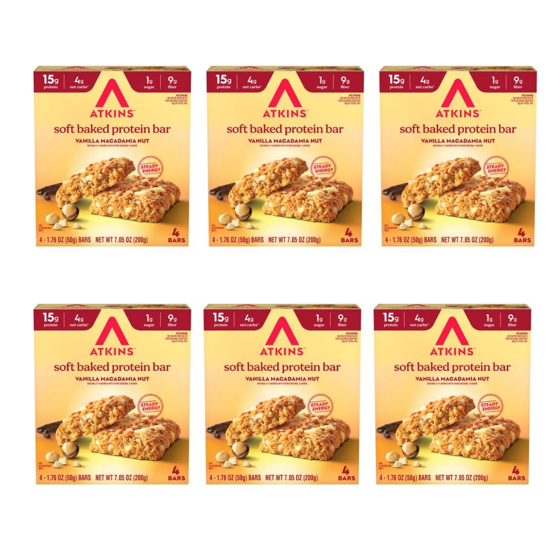 Atkins Soft Baked Vanilla Macadamia Nut bars on counter showing protein-rich snack option