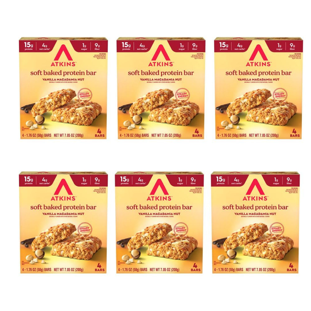 Atkins Soft Baked Vanilla Macadamia Nut bars on counter showing protein-rich snack option