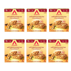 Atkins Soft Baked Vanilla Macadamia Nut bars on counter showing protein-rich snack option