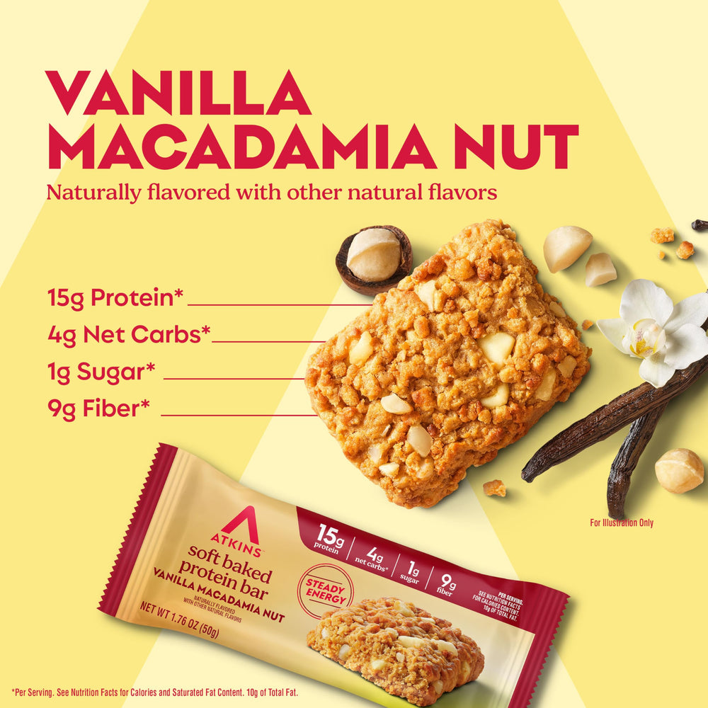 Atkins Vanilla Macadamia Nut bar pack for convenient on-the-go fueling