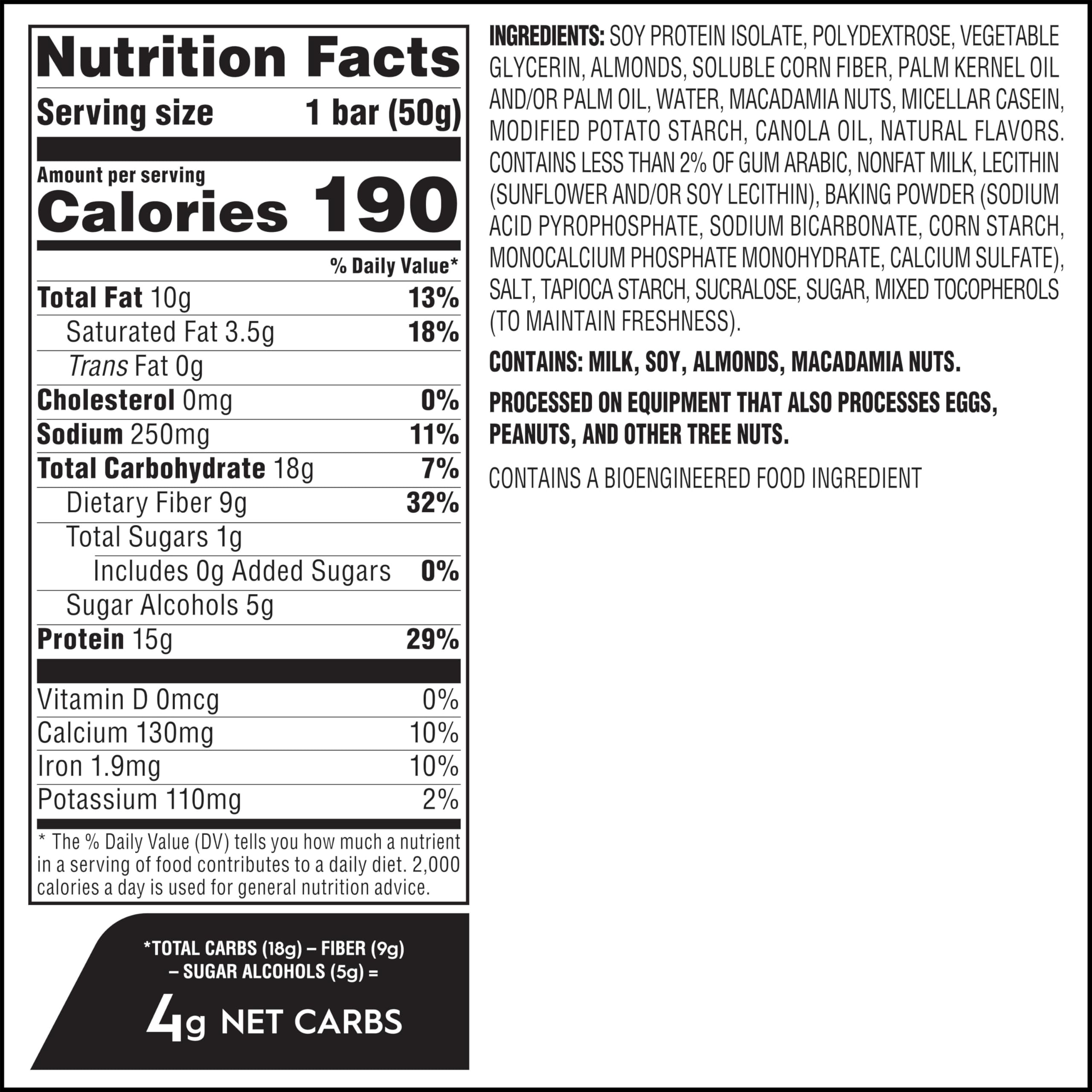 Atkins Vanilla Macadamia Nut nutrition panel view showing 15g protein and low net carbs