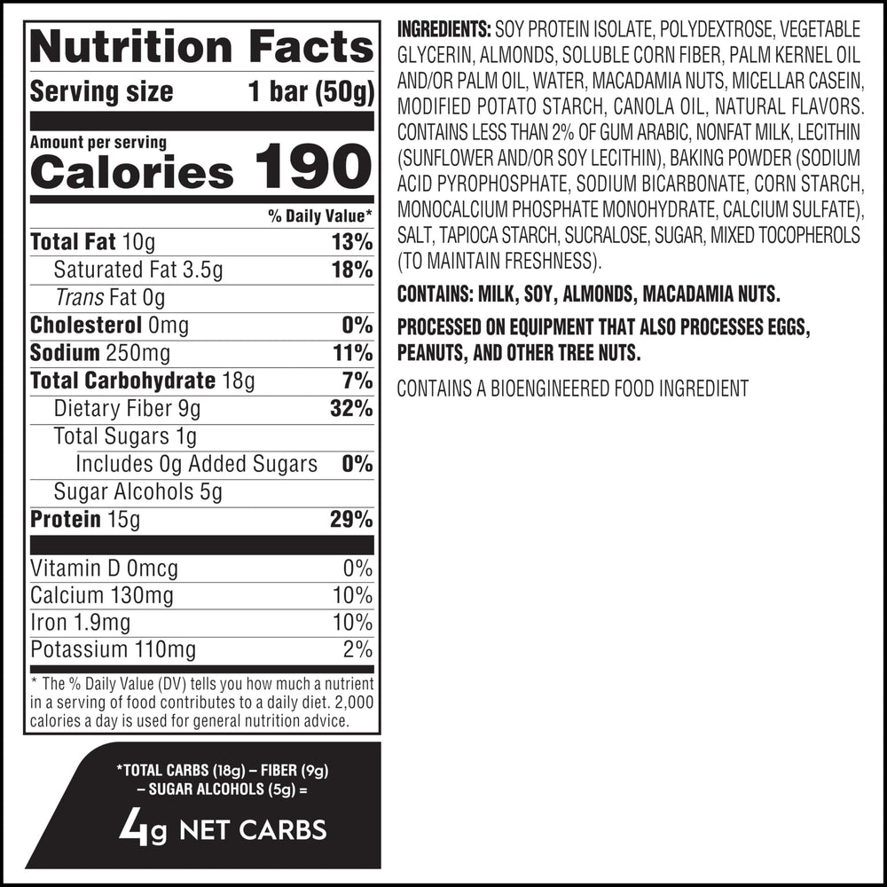 Atkins Vanilla Macadamia Nut nutrition panel view showing 15g protein and low net carbs