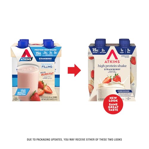 Atkins Strawberry Shake bottle side view highlights low net carbs.