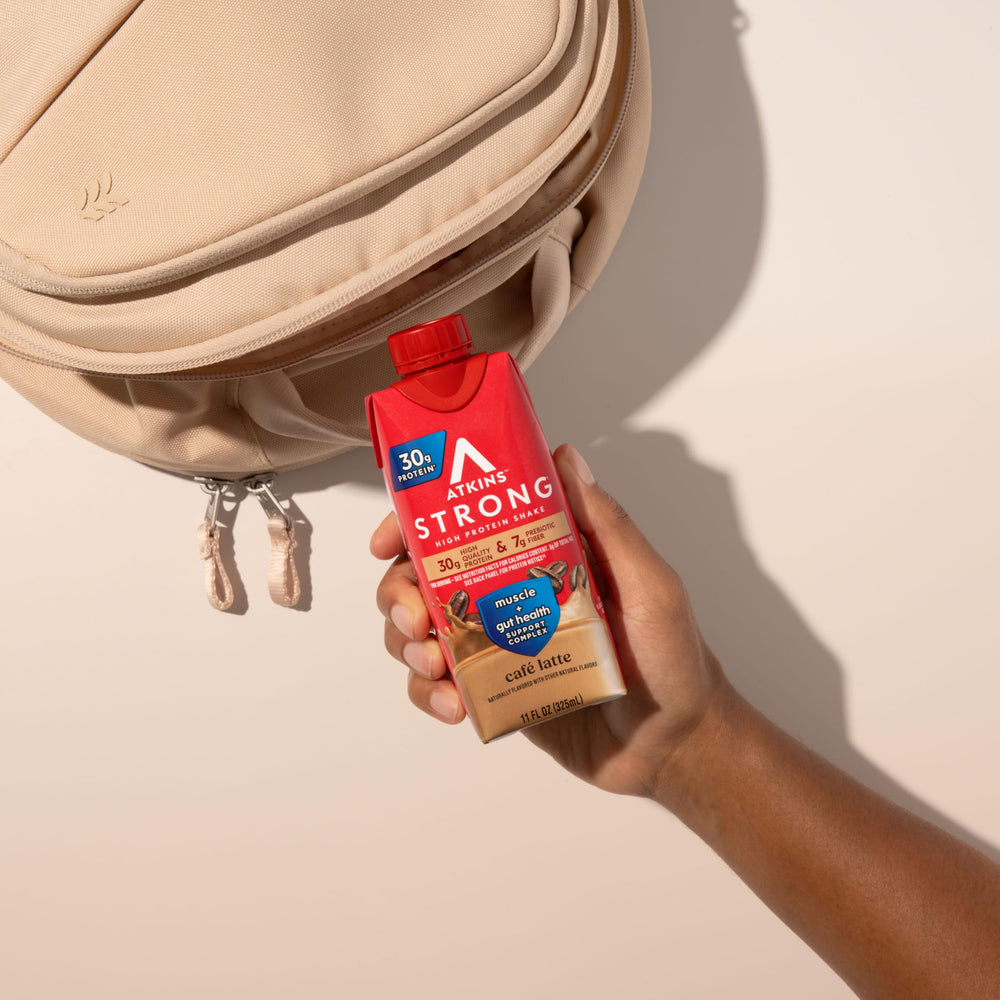 Atkins Strong Café Latte Shake packaging for quick nutrition