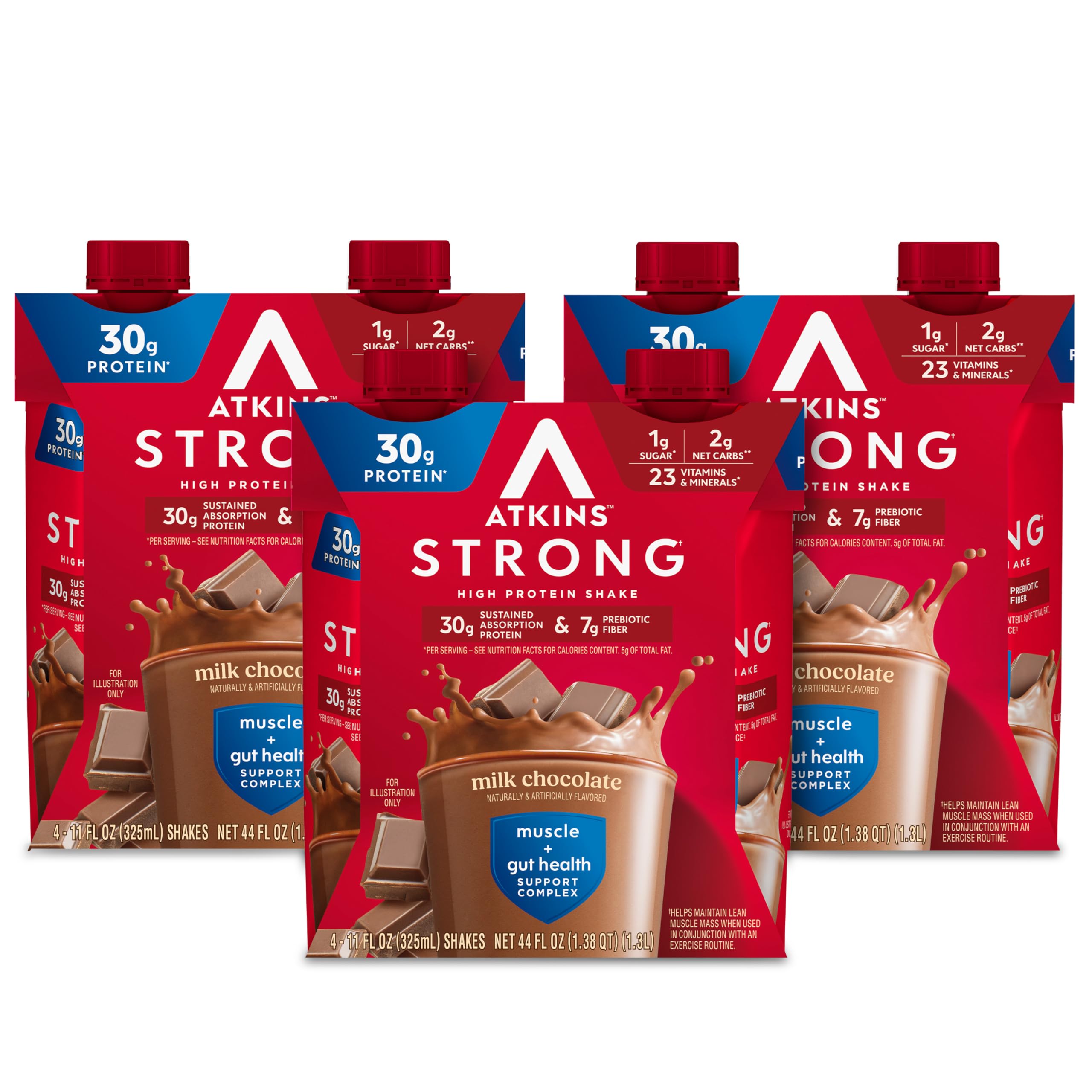 Atkins Strong milk chocolate bottle pour showing high protein shake benefits