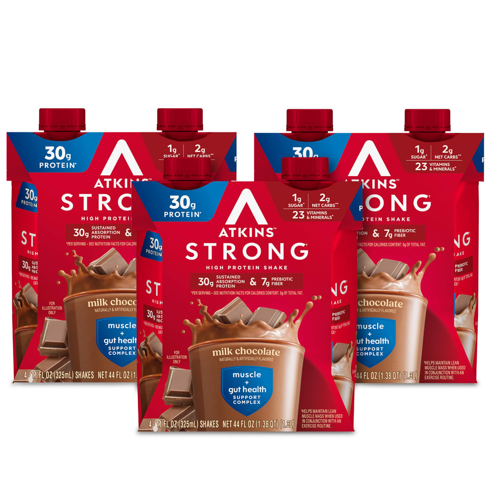 Atkins Strong milk chocolate bottle pour showing high protein shake benefits