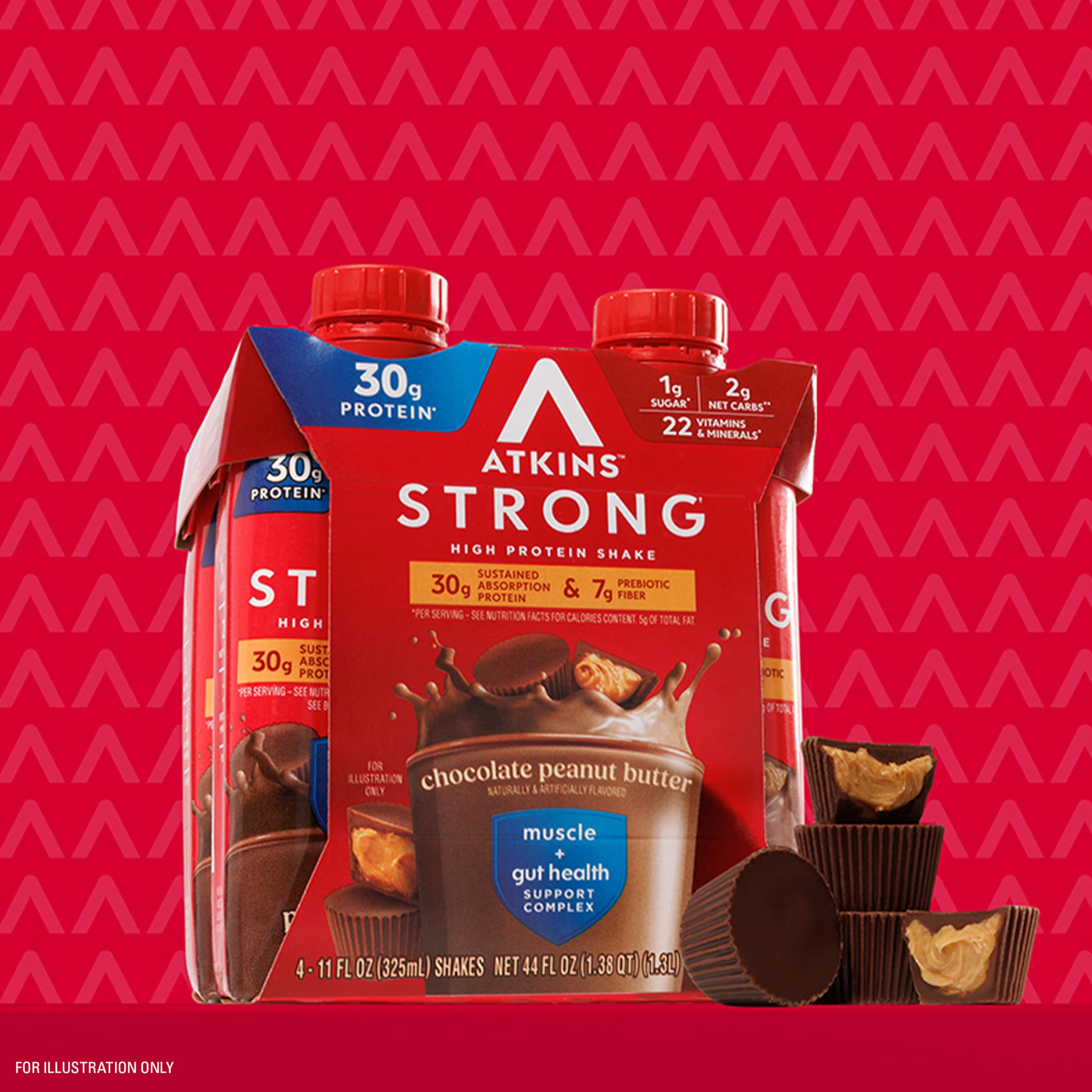 Atkins Strong shake breakfast-table setup suggests a quick, tasty morning option.