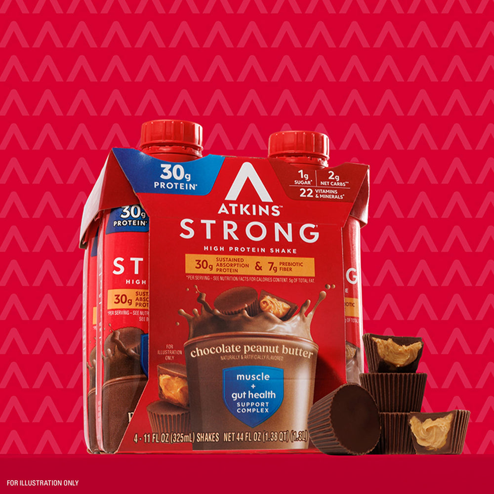 Atkins Strong shake breakfast-table setup suggests a quick, tasty morning option.