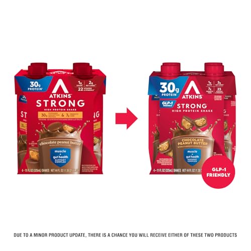 Atkins Strong shake close-up texture emphasizes smooth mouthfeel and protein richness.