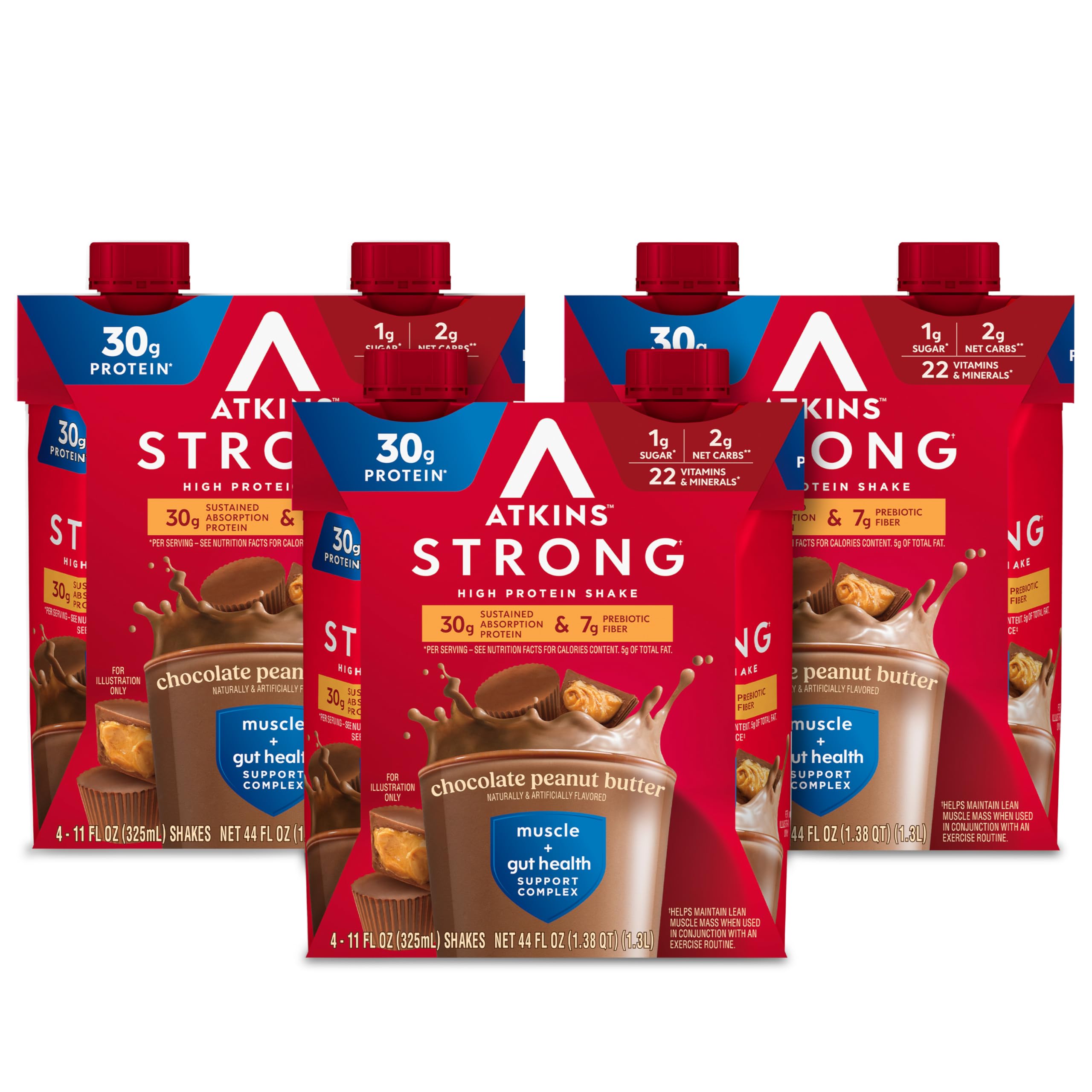 Atkins Strong shake front-pack view showing a convenient keto-friendly protein option for busy mornings.