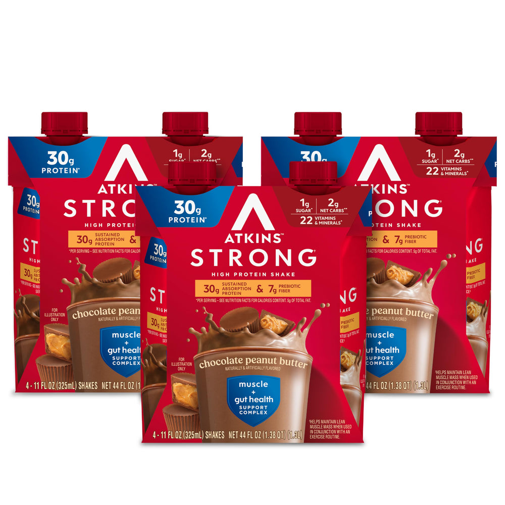 Atkins Strong shake front-pack view showing a convenient keto-friendly protein option for busy mornings.