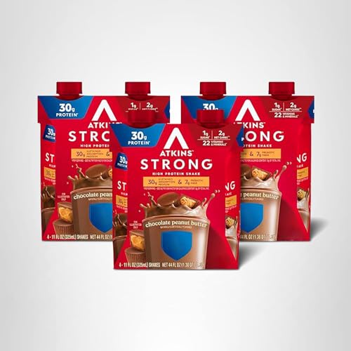 Atkins Strong shake glass with spoon signals indulgent flavor and muscle-friendly protein.