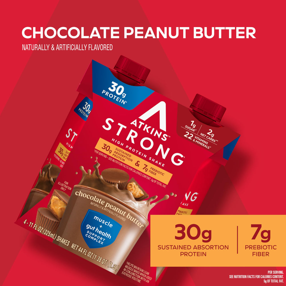 Atkins Strong shake ready-to-drink carton showcases on-the-go convenience.