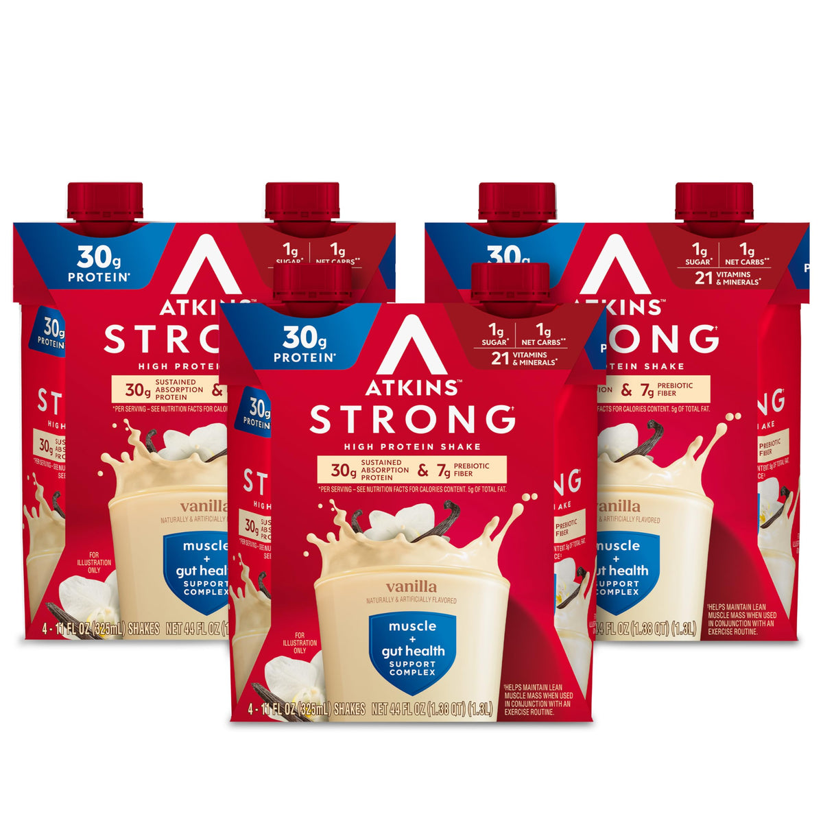 Atkins Strong vanilla shake bottle highlights 30g protein for lasting energy and fullness.