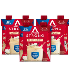 Atkins Strong vanilla shake bottle highlights 30g protein for lasting energy and fullness.