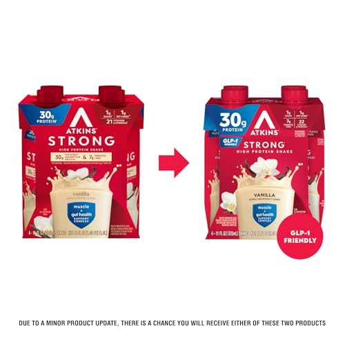 Atkins Strong vanilla shake closeup glass showcases low carb, gluten-free nutrition.