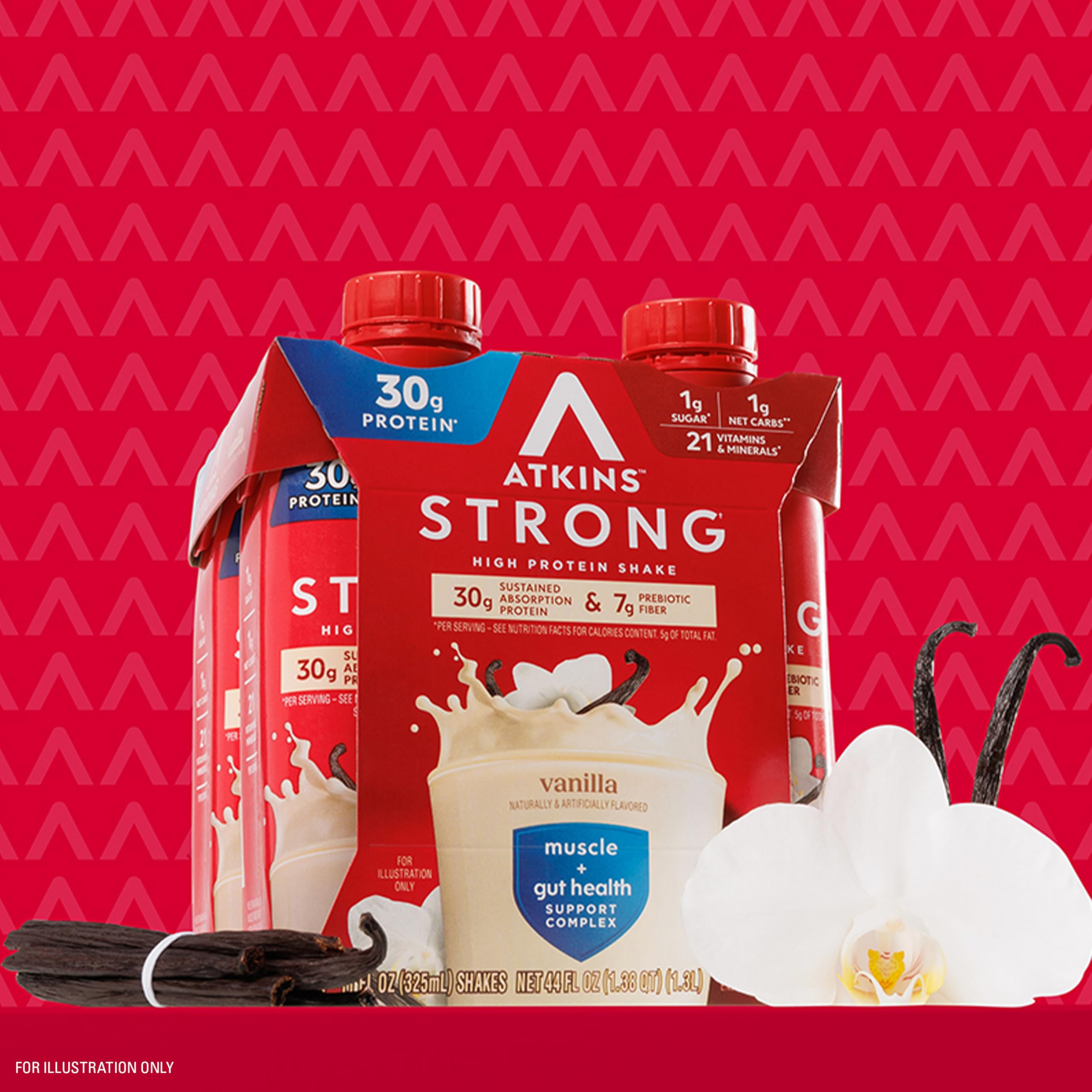 Atkins Strong vanilla shake gluten-free label signals allergy-friendly option.