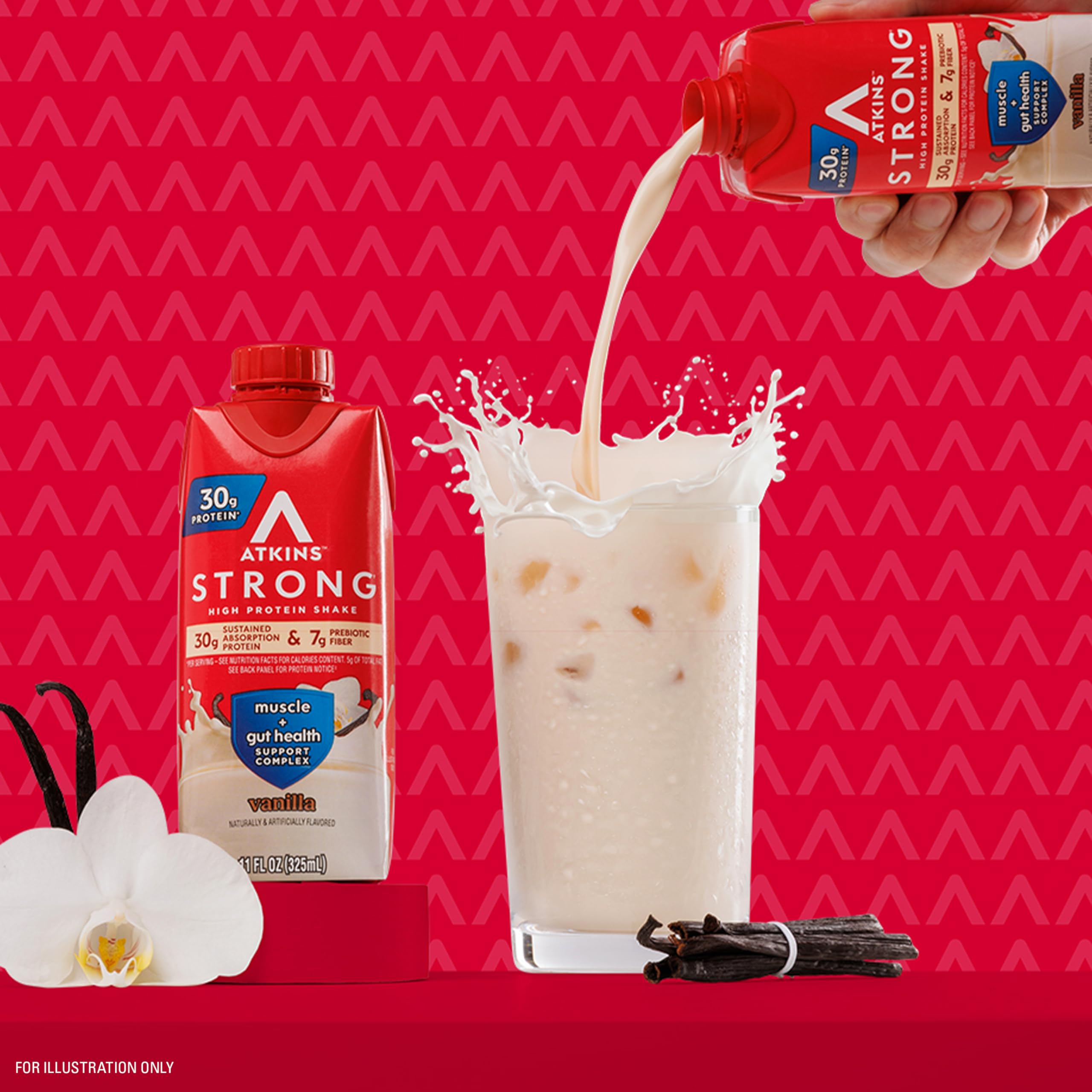 Atkins Strong vanilla shake nutrition facts image highlights 1g sugar.