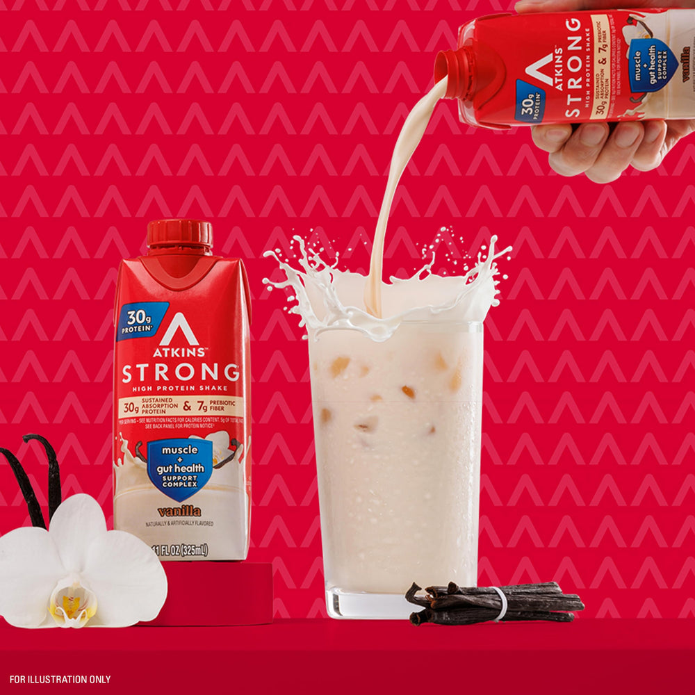 Atkins Strong vanilla shake nutrition facts image highlights 1g sugar.