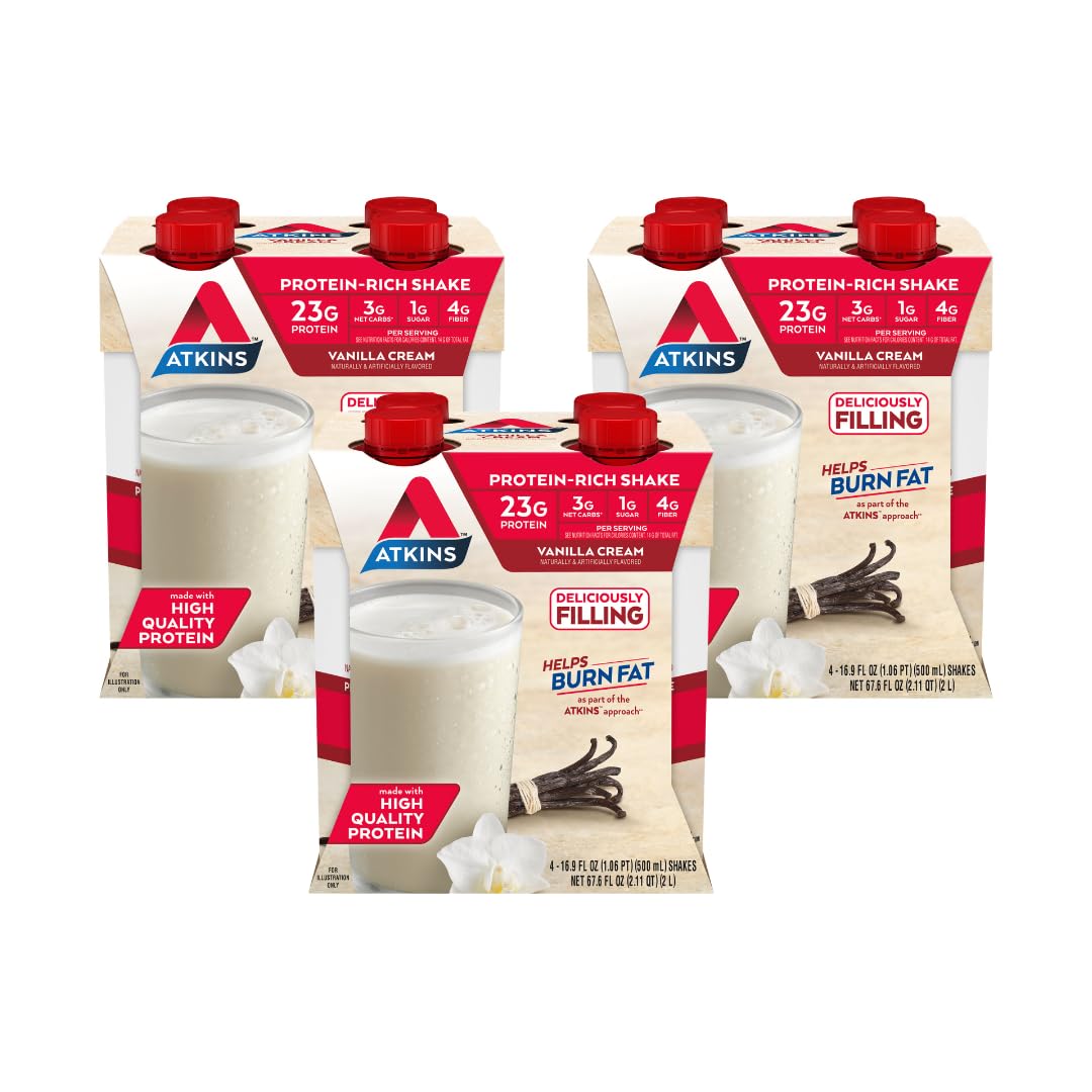 Atkins Vanilla Cream Meal Size bottle showing 23g protein and ready-to-drink convenience