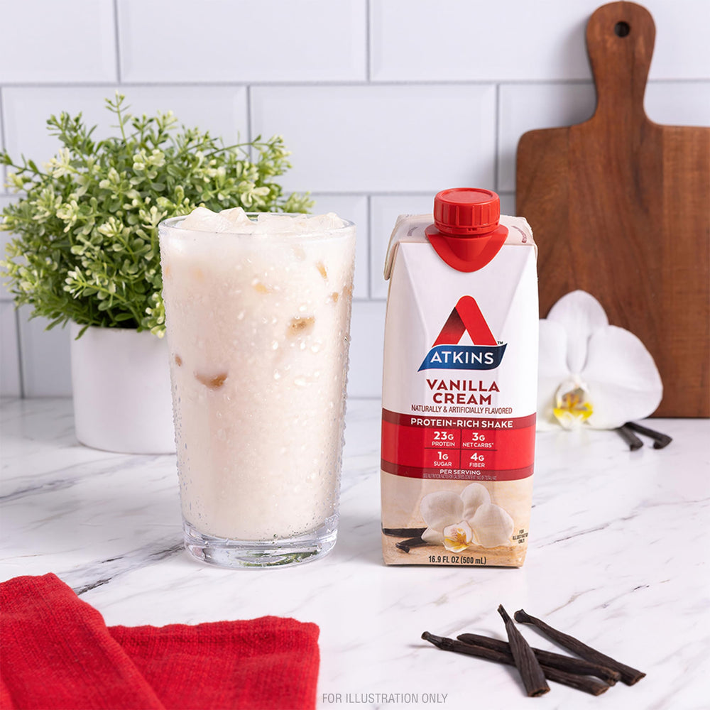 Atkins Vanilla Cream Meal Size carton pack with four bottles per carton