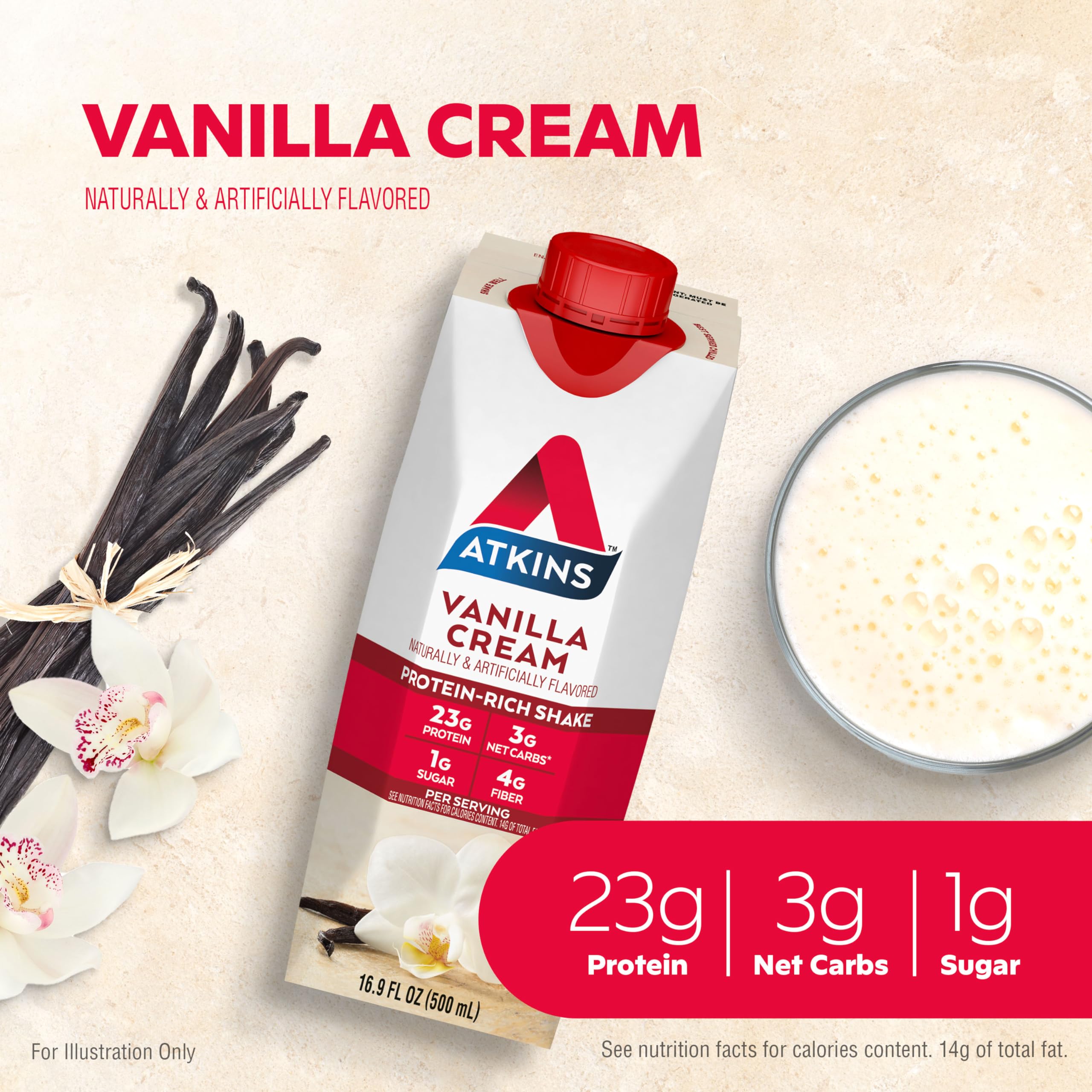 Atkins Vanilla Cream Meal Size pour highlighting convenient on-the-go drink