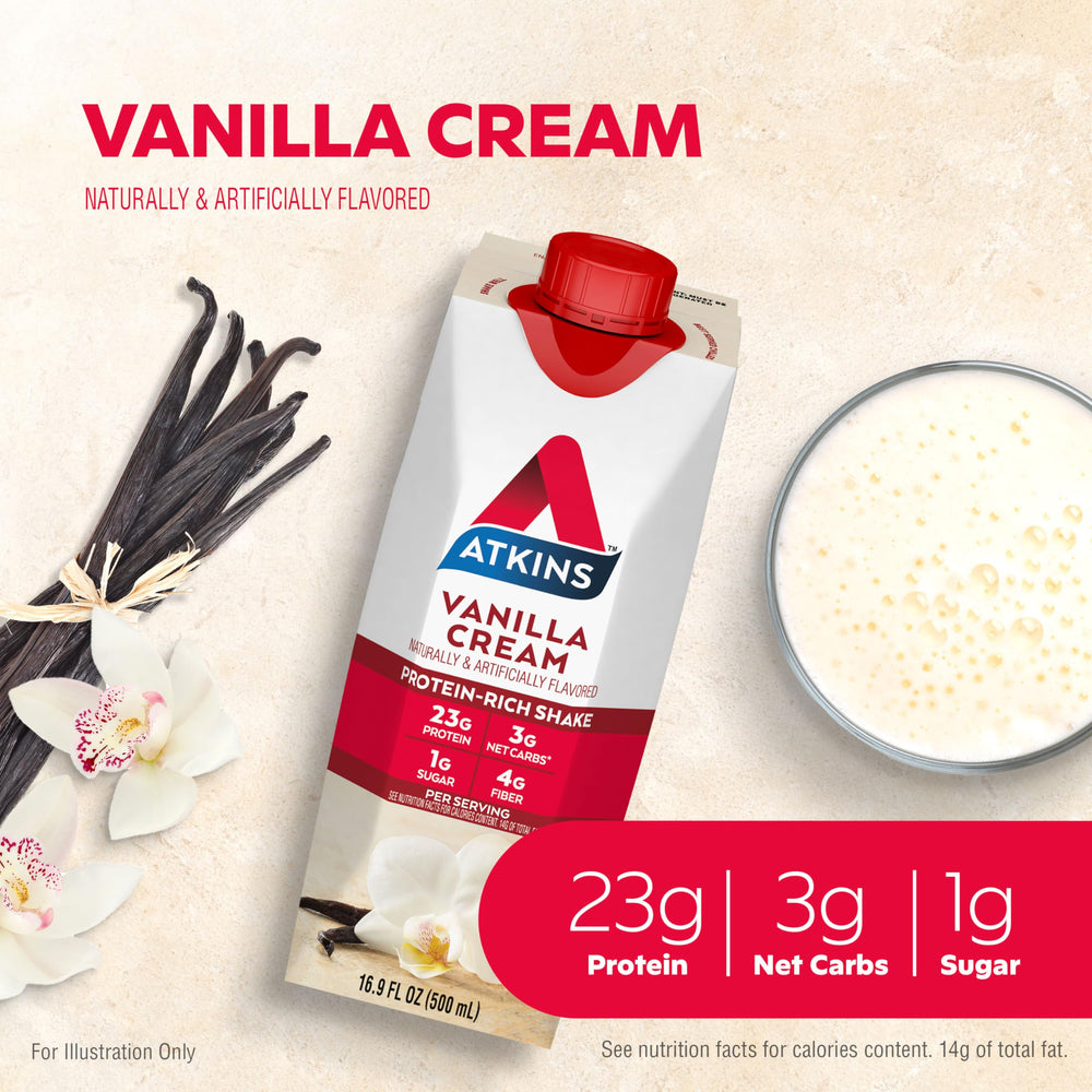 Atkins Vanilla Cream Meal Size pour highlighting convenient on-the-go drink