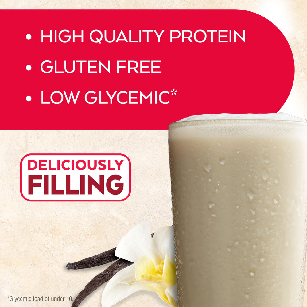 Atkins Vanilla Cream shake in glass emphasizing creamy texture and vanilla flavor