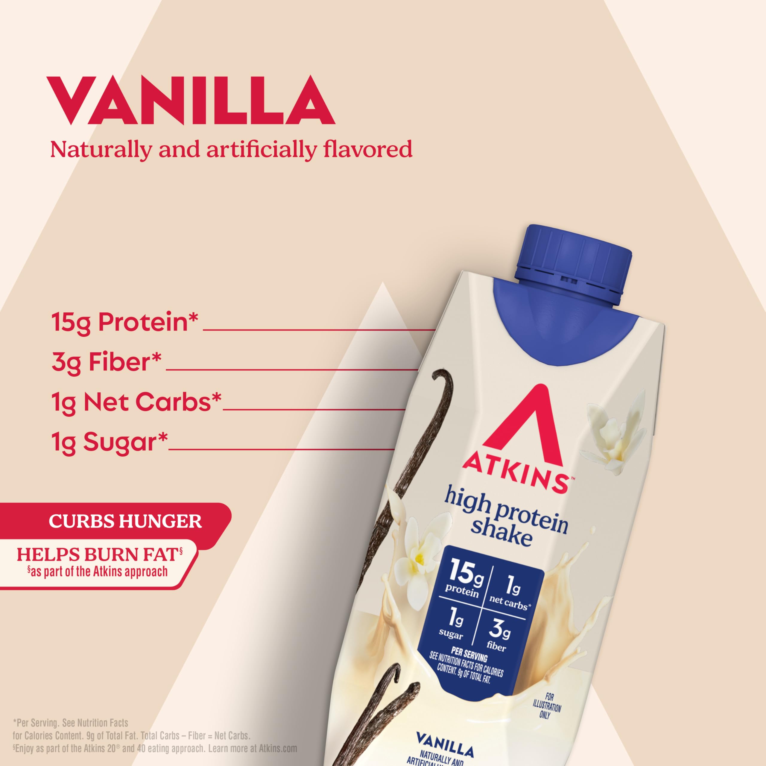 Atkins Vanilla High Protein Shake pouring into glass showing convenient serving