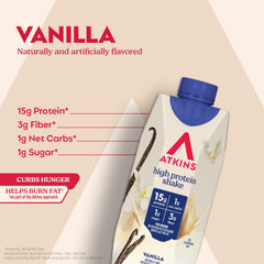 Atkins Vanilla High Protein Shake pouring into glass showing convenient serving