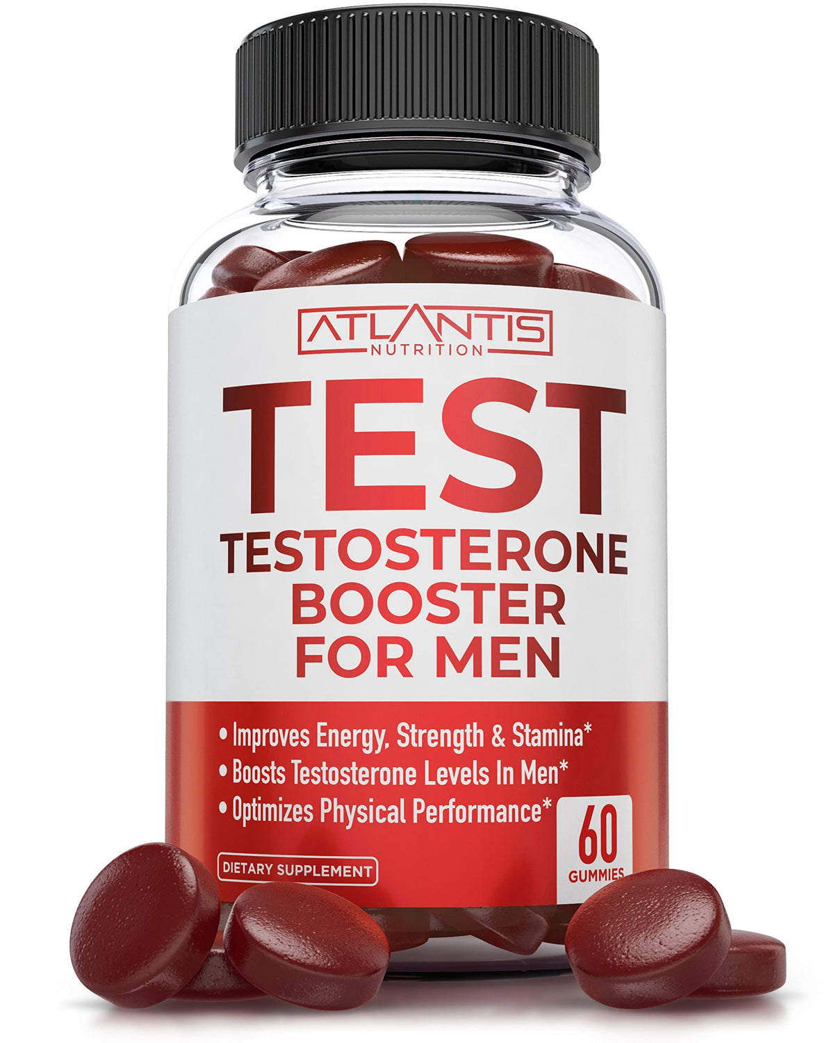 Atlantis Nutrition Testosterone Booster Gummies bottle shown for daily energy and vitality support.