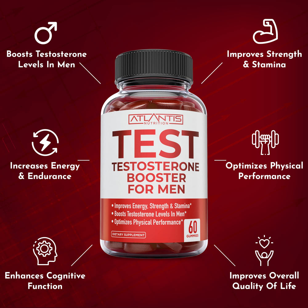Atlantis Nutrition gummies with maca and tribulus ingredients for energy support.