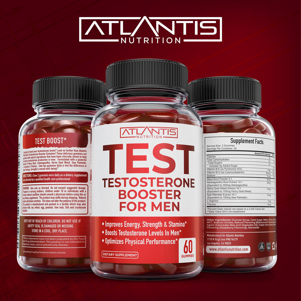 Atlantis Nutrition gummies with tribulus extract highlighted for vitality support.