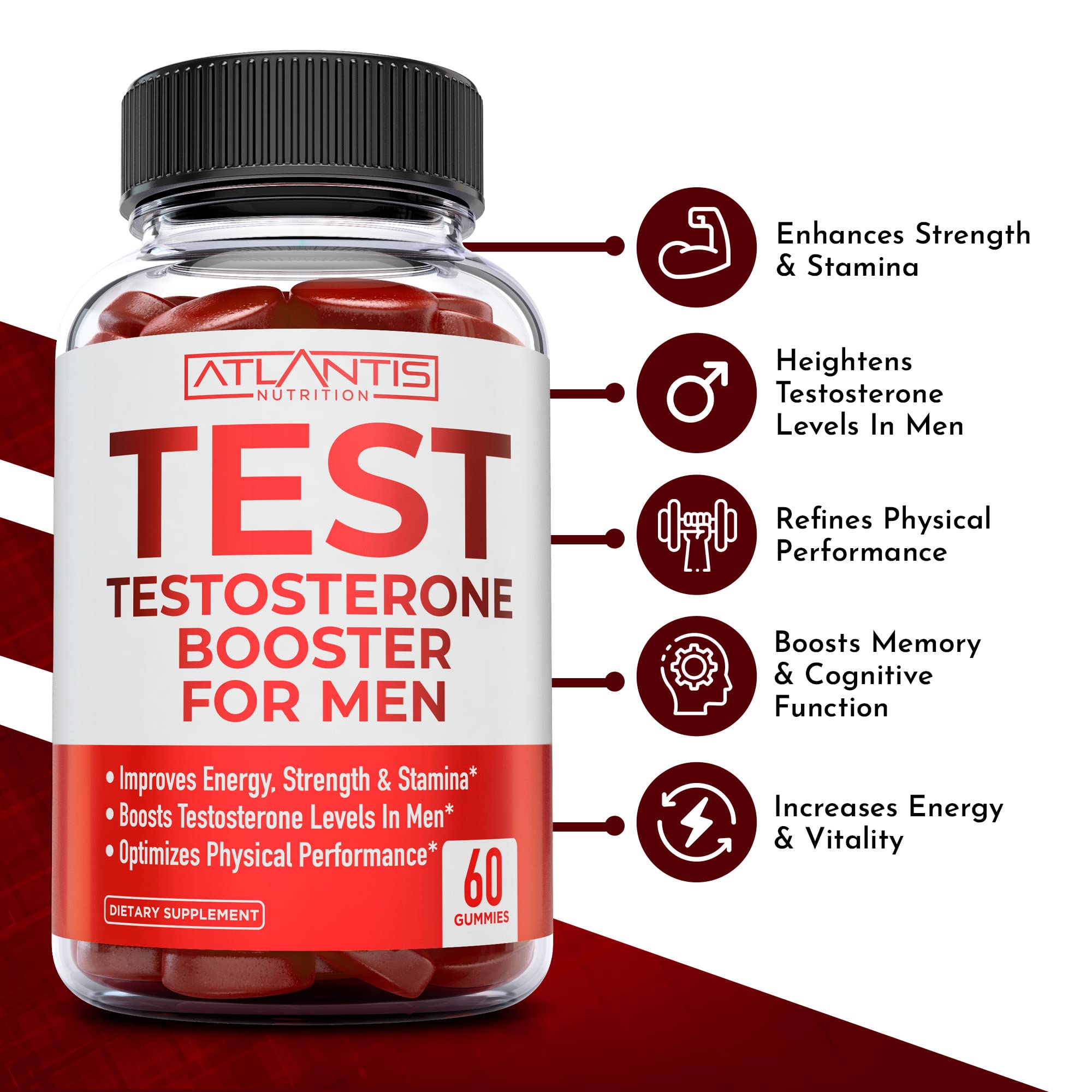 Atlantis Nutrition gummies pack front emphasizes easy, tasty performance support for men.