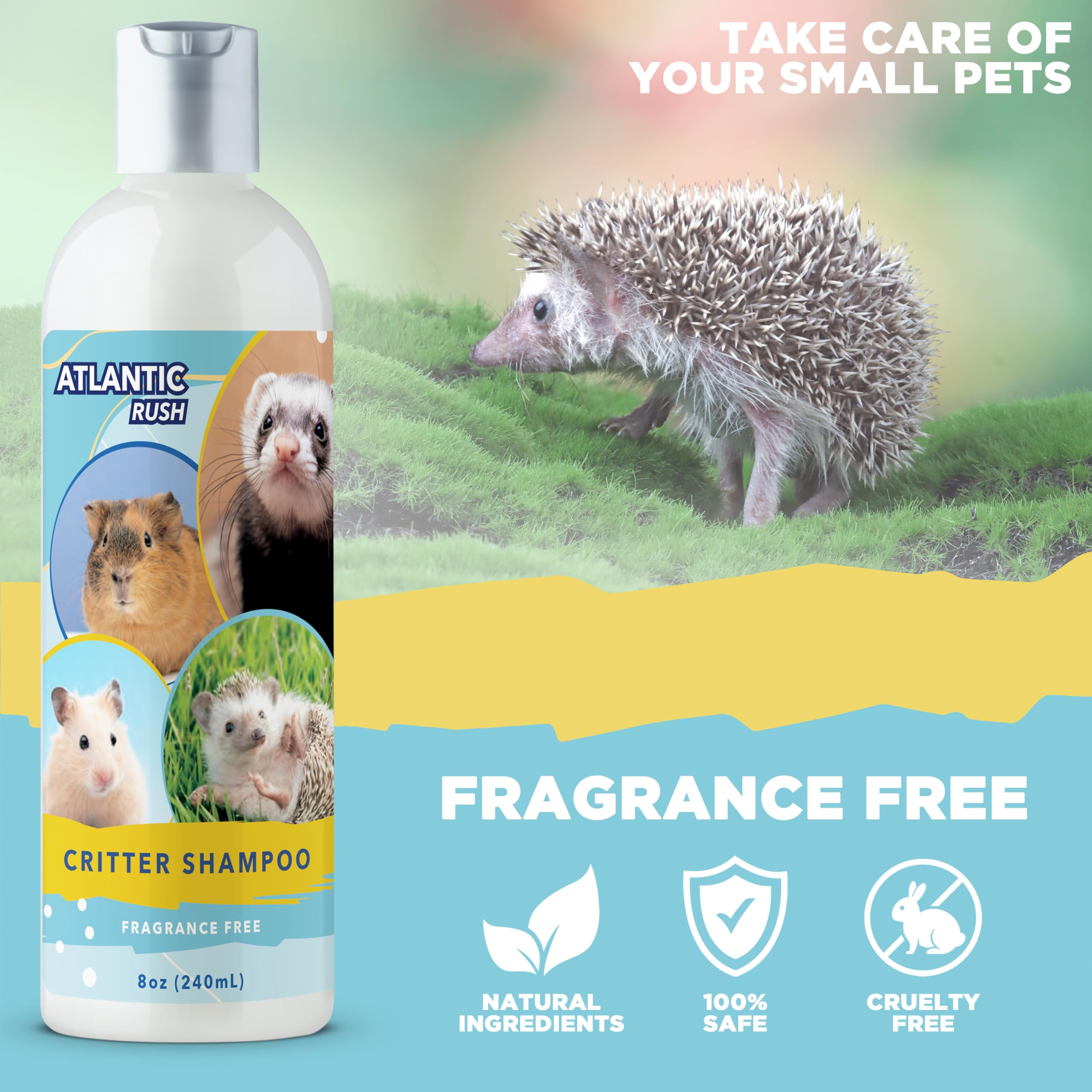 Atlantic Rush Critter Shampoo deep-cleanse close-up highlights odor-neutralizing freshness.