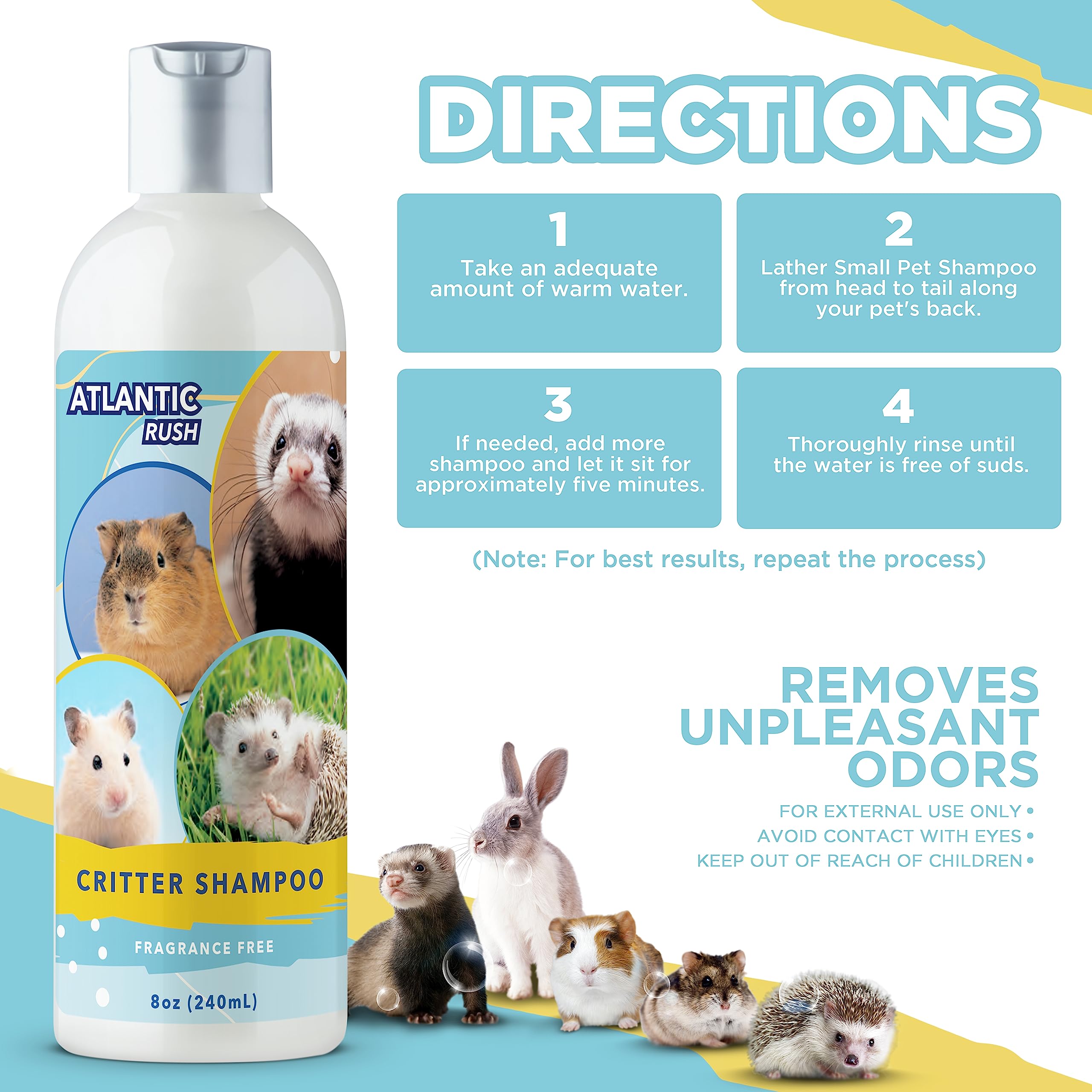 Atlantic Rush Critter Shampoo pH-balanced formulation supports comfortable baths for small pets.