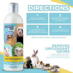Atlantic Rush Critter Shampoo pH-balanced formulation supports comfortable baths for small pets.