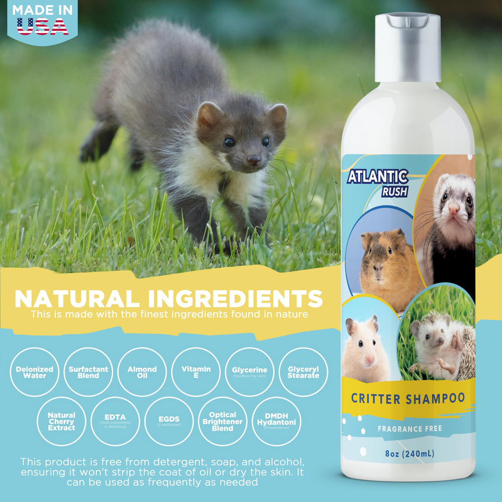 Atlantic Rush Critter Shampoo quick-dry scene shows faster air-drying after bathtime.