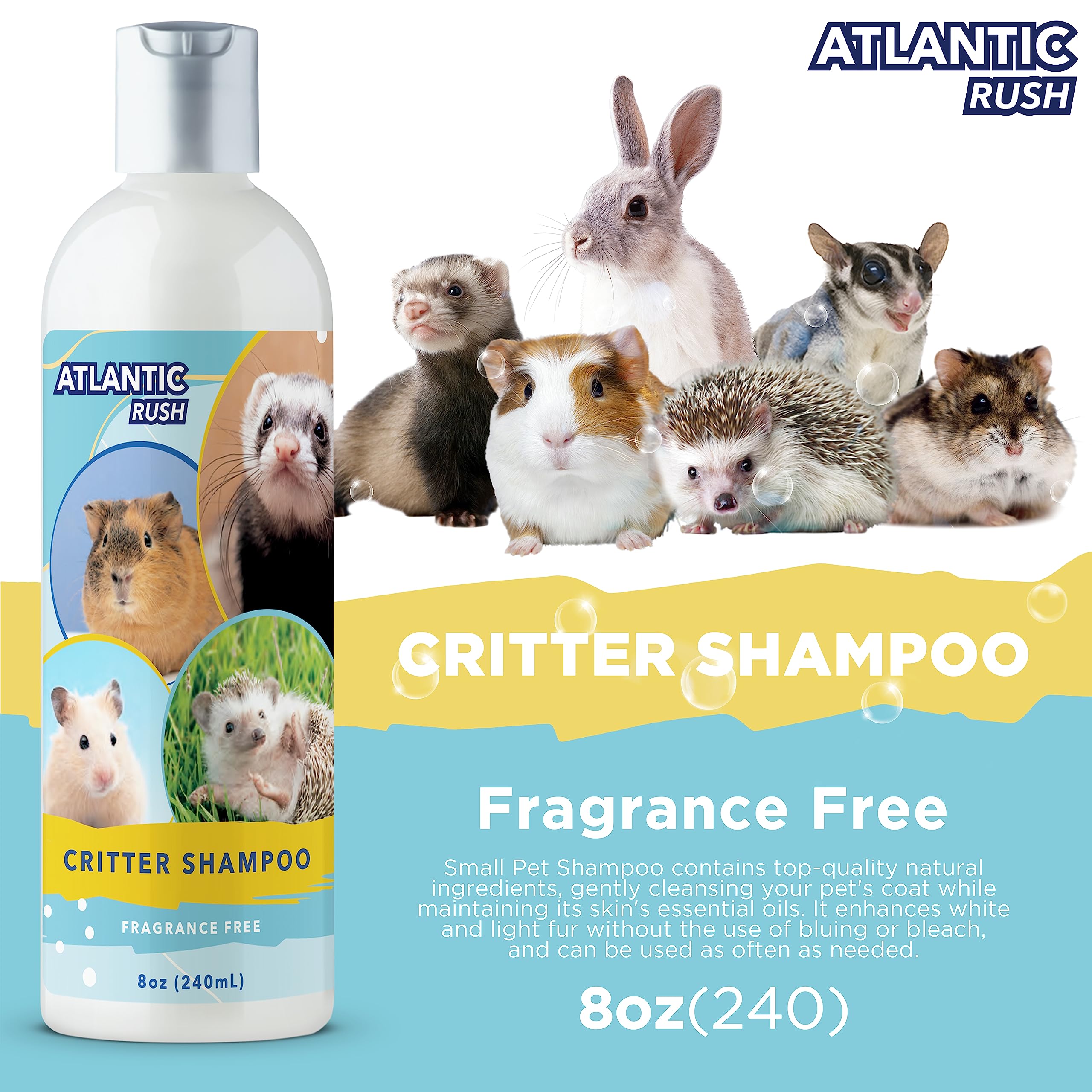 Atlantic Rush Critter Shampoo soft-coat image suggests deep-clean without over-drying for delicate fur.
