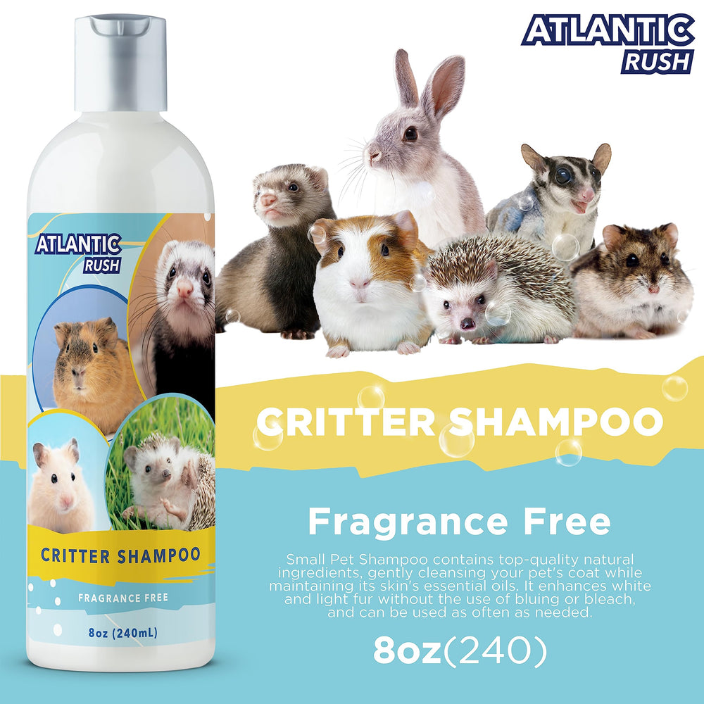 Atlantic Rush Critter Shampoo soft-coat image suggests deep-clean without over-drying for delicate fur.