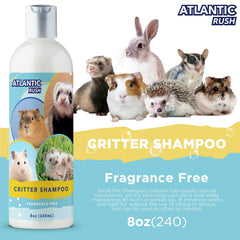 Atlantic Rush Critter Shampoo soft-coat image suggests deep-clean without over-drying for delicate fur.