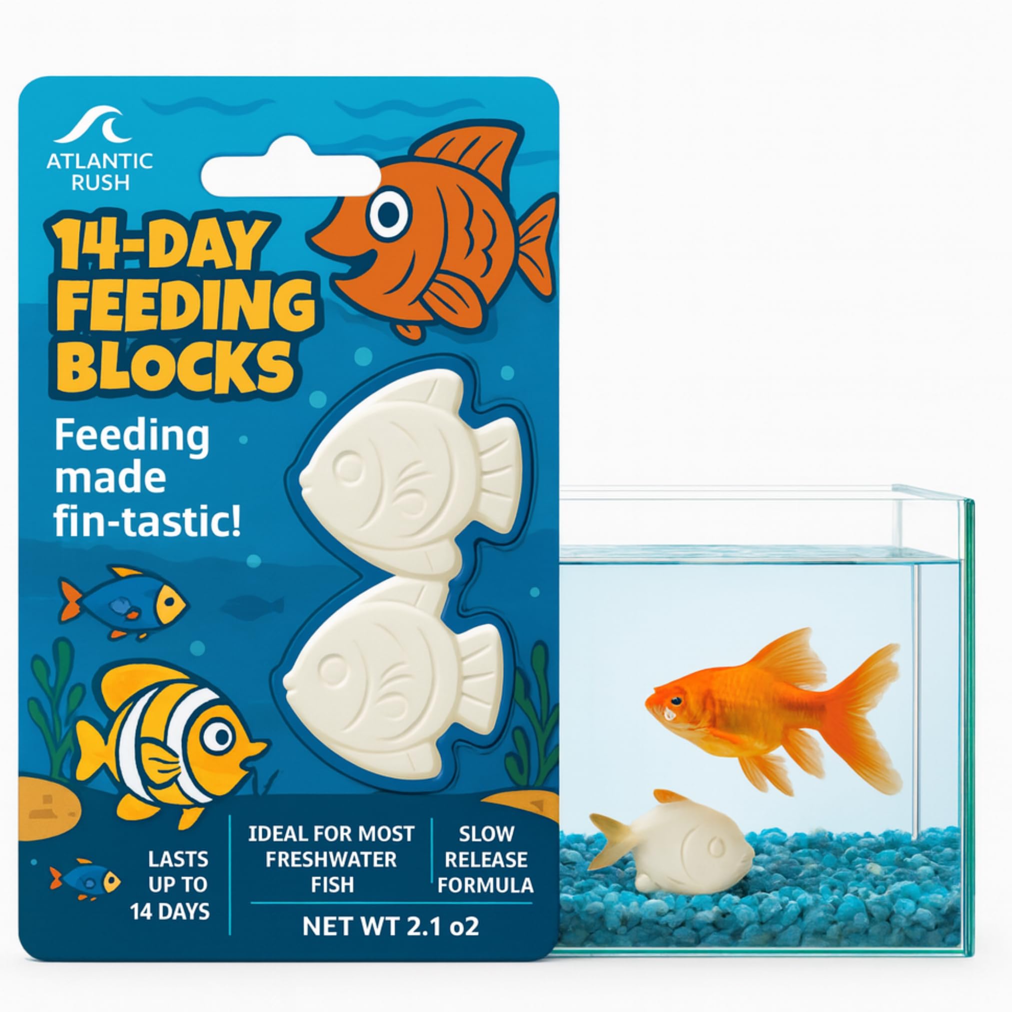 Atlantic Rush vacation feeder block in tank ready to dispense up to 14 days