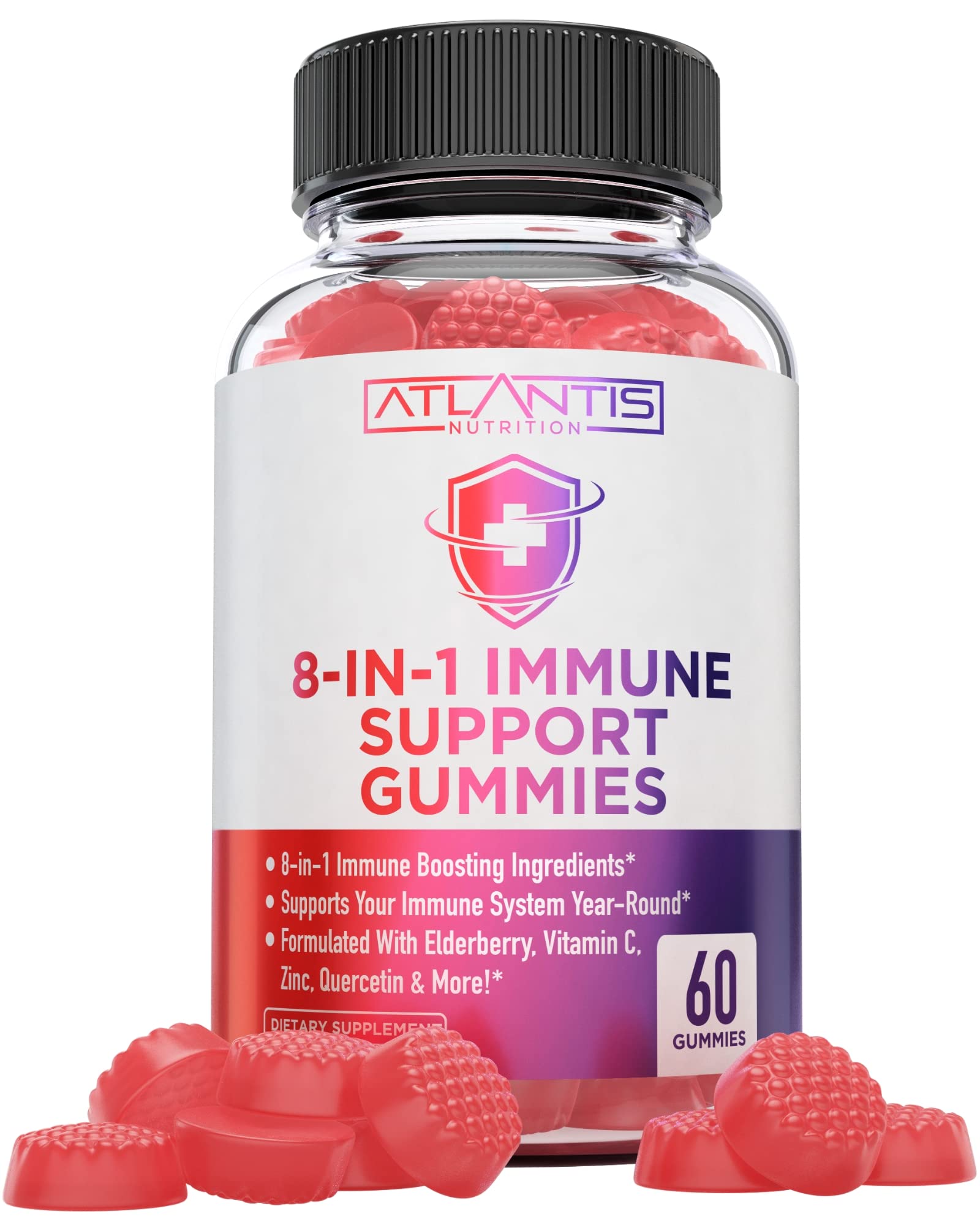 Atlantis Nutrition 8-in-1 elderberry gummies bottle for year-round immune support